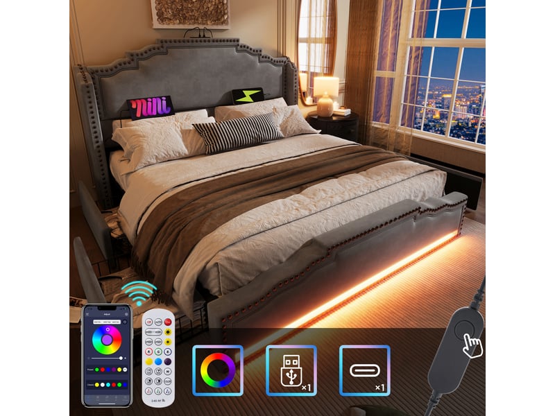  Lit avec tiroirs double 160×200 cm, led réglable et usb type-c - okmyhome- velours gris, matelas inclus  - Conforama C