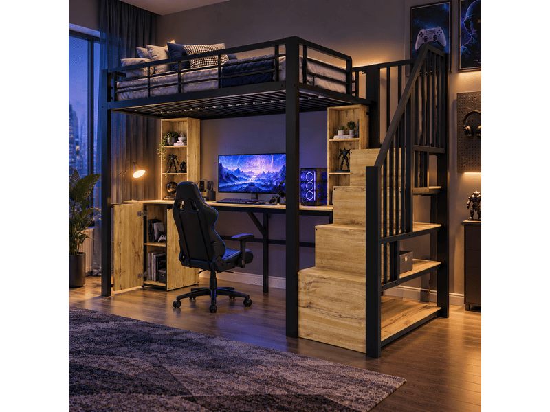  Lit mezzanine 90 x 200 cm avec bureau intégré, armoire, étagères, escalier de rangement et port usb, métal et bois - noir OMNIGLINT TRADING LTD - Conforama B