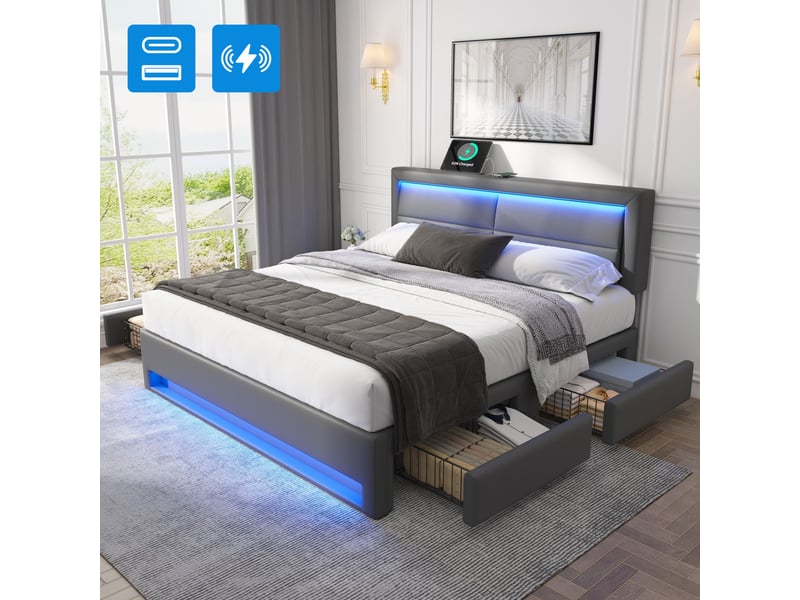  Lit avec tiroirs 140×190 cm avec led réglable, usb et recharge sans fil, en pu gris, sans matelas  - Conforama B