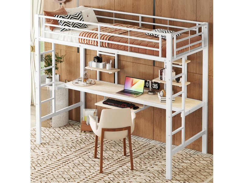  Lit mezzanine 90x200 cm avec bureau et 2 étagères blanc  - Conforama D