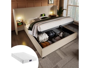 Lit coffre 160 × 200 cm 2 places avec rangement, lampe de lecture, usb et type-c, matelas inclus, beige en lin