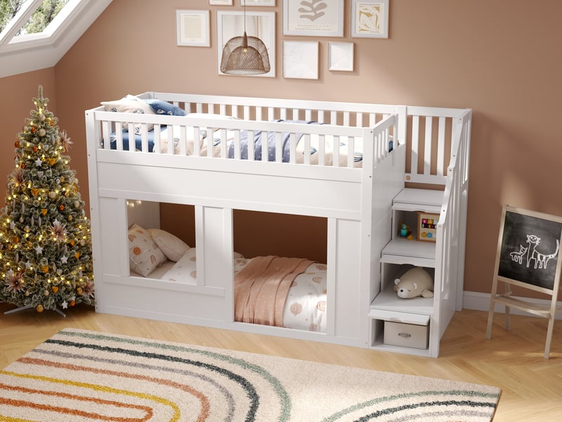  Lit mezzanine cabane 90 × 200 cm, escalier avec rangements, fenêtres et espace inférieur modulable, bois et mdf, blanc  - Conforama B