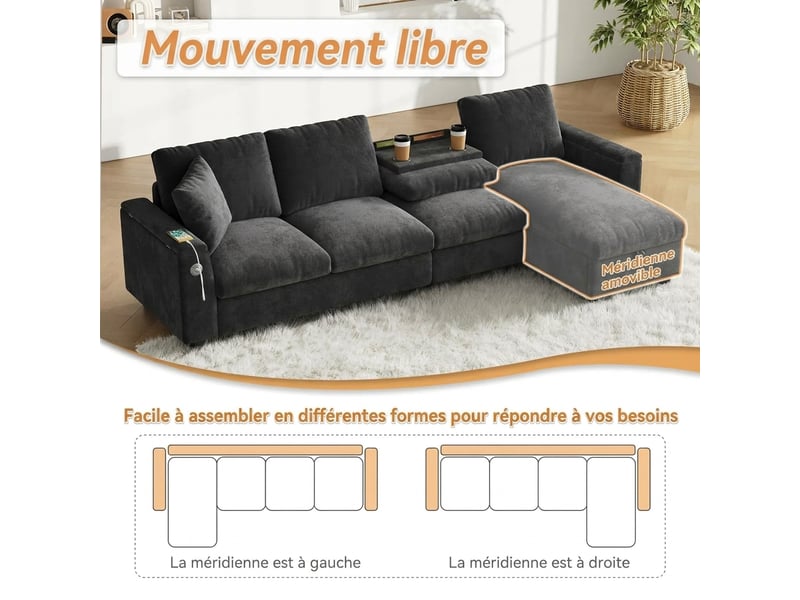  Canapé d'angle en chenille gris 4 places avec rangement - table rabattable, usb &amp; porte-gobelets  - Conforama D