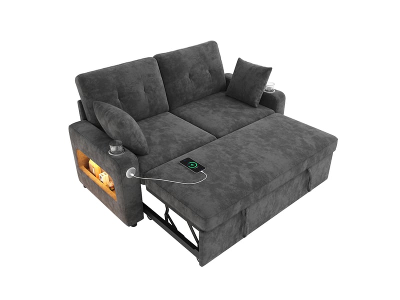  Canapé-lit tcqpz 2 places 141,5 x 131 x 83,5 cm led usb type-c rangement gris chenille  - Conforama A