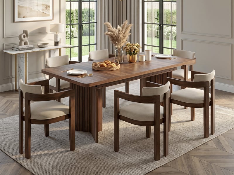  Ensemble table à manger rectangulaire extensible 120–160 cm, pieds en v + 6 chaises en bois massif, revêtues de tissu lin respirant  - Conforama B