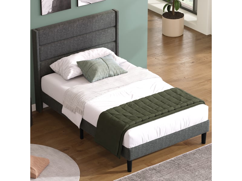  Lit simple 90x200 cm gris foncé en lin avec sommier à lattes et tête de lit  - Conforama B
