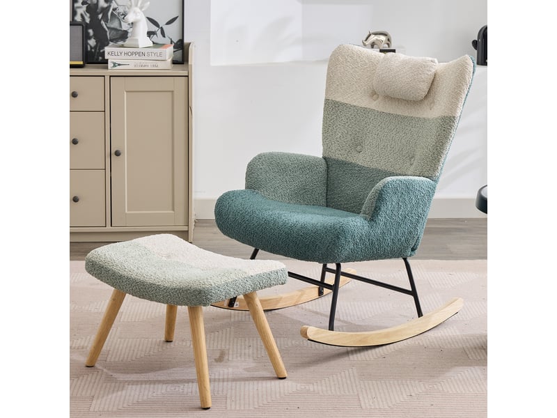 Fauteuil à bascule avec repose-pieds, dossier ergonomique et poche latérale en bouclé multicolore - Conforama B