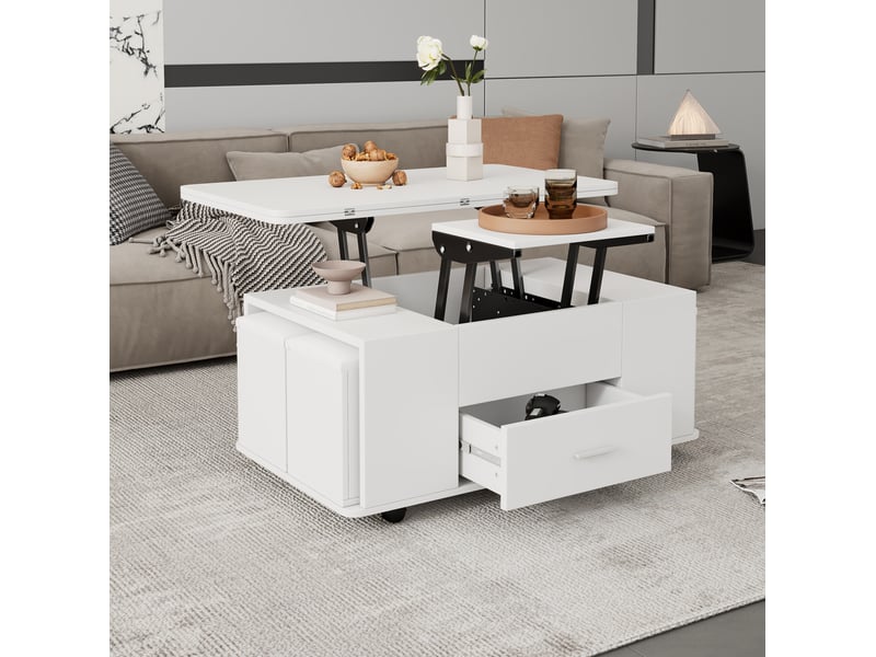  Table basse relevable avec 1 tiroir, espace ouvert, 4 tabourets de rangement et roulettes, pour salon, 100 × 50 × 45 cm  - Conforama C