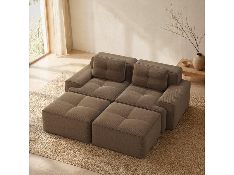 Canapé modulaire 2 places en velours côtelé marron avec ottomans, agencement en u, sans montage pour le salon - Conforama B