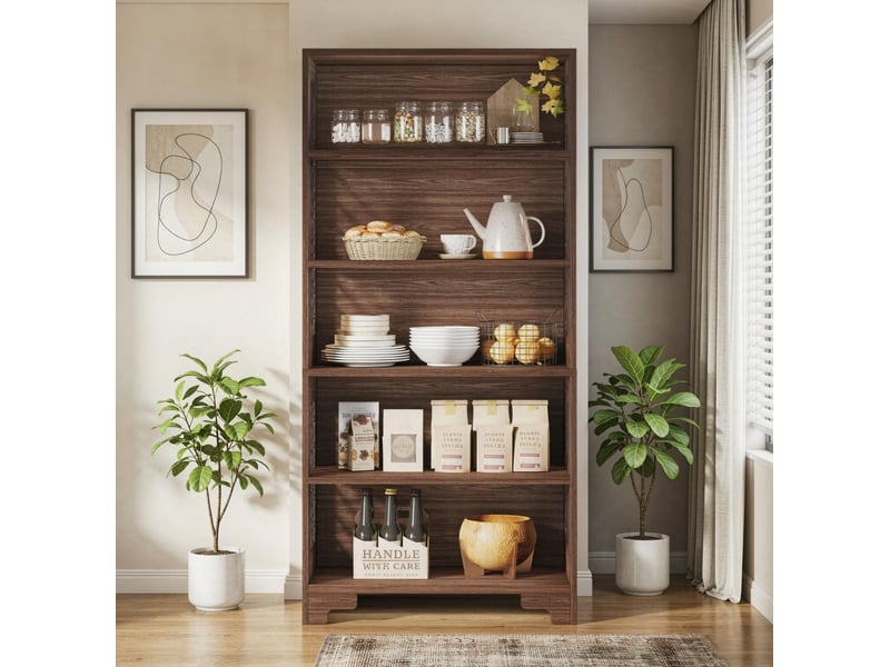  Bibliothèque sur pied marron en bois mdf, 5 étagères ouvertes et motif latéral en x, style classique pour bureau  - Conforama B