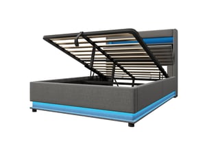 Lit coffre 140x200 cm, lit double, rangement hydraulique, led, lin gris, usb et usb-c