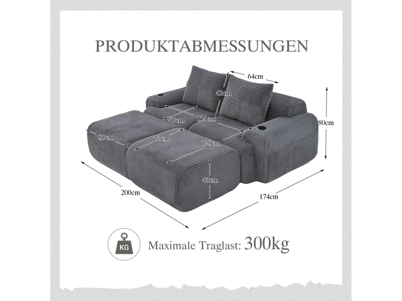  Canapé droit fixe 2 places tissu gris foncé  - Conforama C