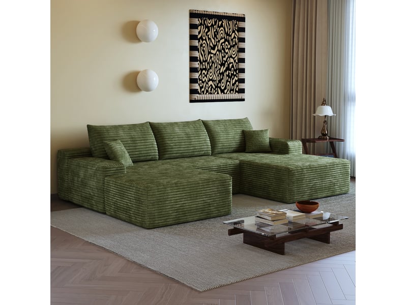  Canapé d'angle modulaire 4 places en velours côtelé vert, assise profonde, sans montage, 270 x 175 cm  - Conforama B