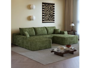 Canapé d'angle modulaire 4 places en velours côtelé vert, assise profonde, sans montage, 270 x 175 cm