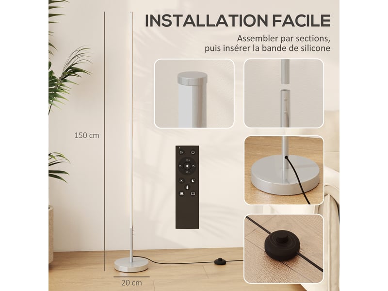  Lampadaire led dimmable argent ø20 x h150 cm avec télécommande et interrupteur au pied pour salon  - Conforama C