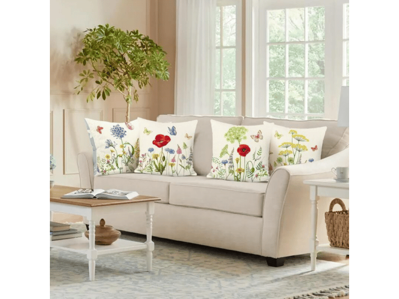  Lot de 4 housse de coussin - lot de 4 45 x 45 cm housse de coussin fleurs de jardin papillon polyester lin décoratif taie d'oreiller pour canapé lits chaises salon maison extérie, beige  - Conforama C