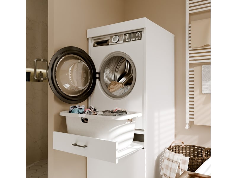  Pola 2S - Meuble de salle de bains pour lave-linge/sèche-linge - 2 tiroirs, étagère - Blanc  - Conforama B