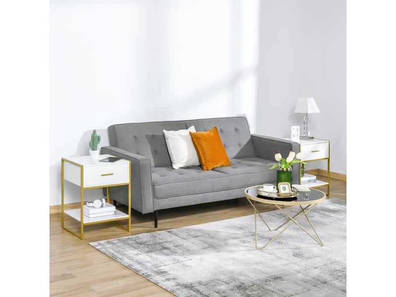  Ensemble de 2 tables de chevet modernes avec tiroir et étagère ouverte, en mdf et acier, 45 x 40 x 60 cm, blanc et or  - Conforama D
