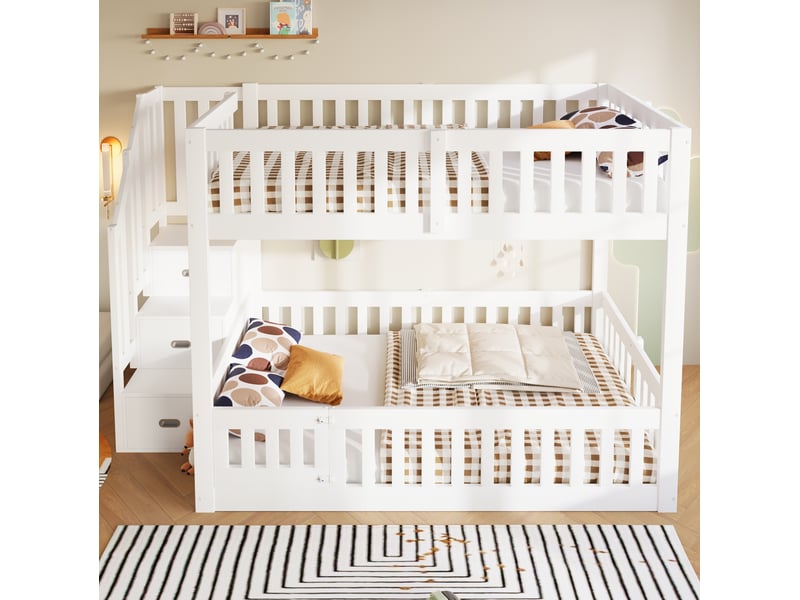 Lit superposé modenvie bas 140 x 200 cm avec escalier de rangement blanc - Conforama E