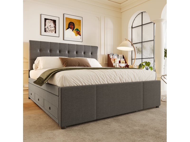  Lit 2 places rembourré 140x200 cm avec lit gigogne et 3 tiroirs gris  - Conforama E