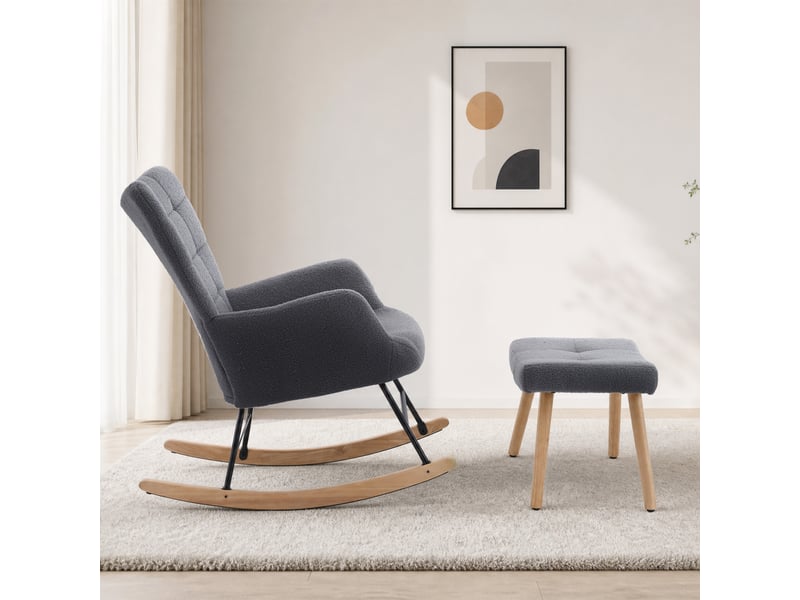  Fauteuil à bascule ulevr avec repose-pieds, dossier haut et assise épaisse, laine d’agneau grise, 91 × 61 × 88 cm  - Conforama D