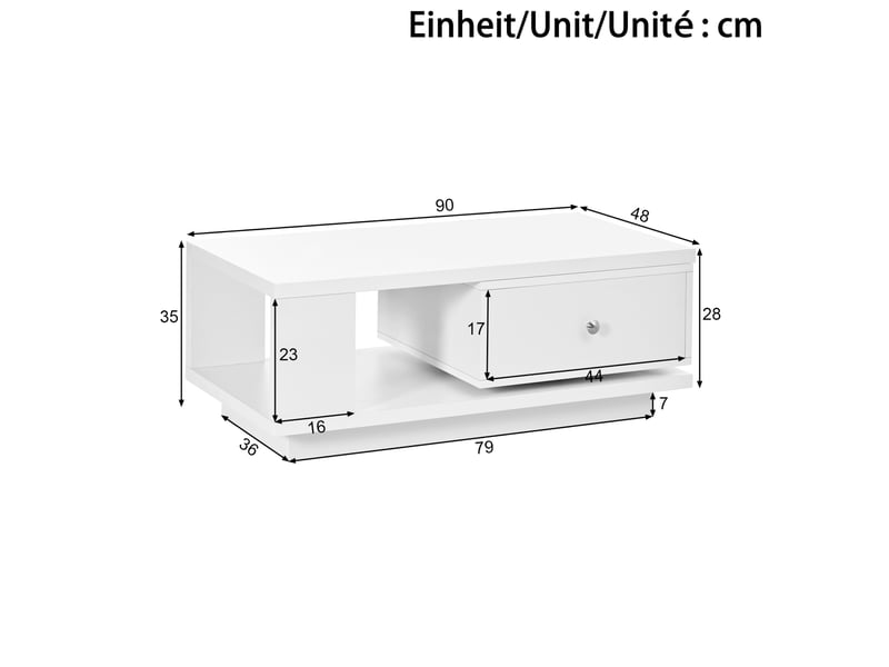  Table basse blanche avec tiroir pivotant, niche ouverte et finition brillante  - Conforama C