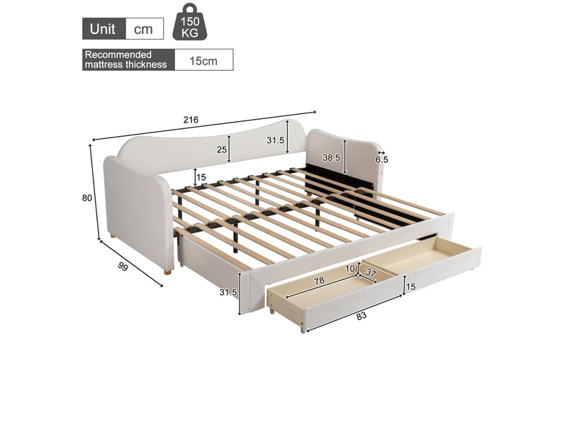  Elvmi lit de jour rembourré 90x200 cm extensible 180x200 cm, canapé-lit avec 2 tiroirs de rangement, ports usb et usb-c intégrés, tête de lit ergonomique, tissu bouclette beige, sommier inclus, design sobre et élégant  - Conforama C