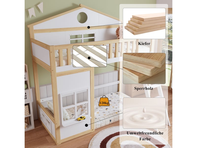  Lit superposé 90x200cm, maison avec toit et fenêtre, échelle, garde-corps, sous-lit libre, blanc naturel  - Conforama C