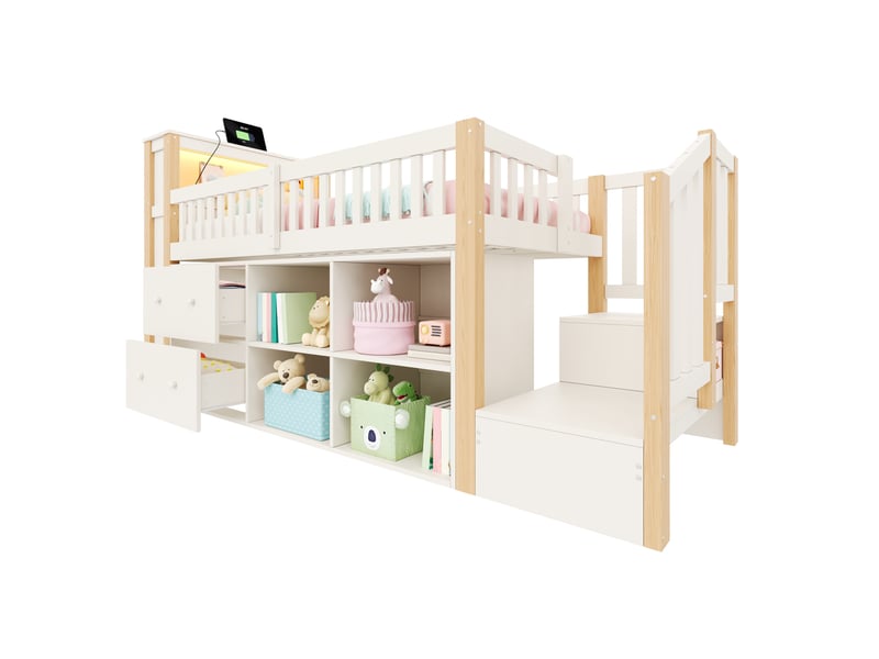  Lit mezzanine 90x200 cm, tiroirs et escalier, led et ports usb et type-c, en bois, naturel et blanc, sans matelas  - Conforama A