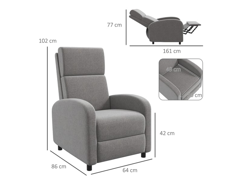  Fauteuil relax inclinable,64x86x102 cm,avec repose-pieds,tissu aspect lin,gris  - Conforama C