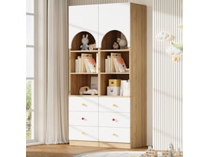 Lot de 2 bibliothèques enfant - 50x50x200 cm - meubles de rangement hauts avec porte arquée et 3 tiroirs - bois et blanc