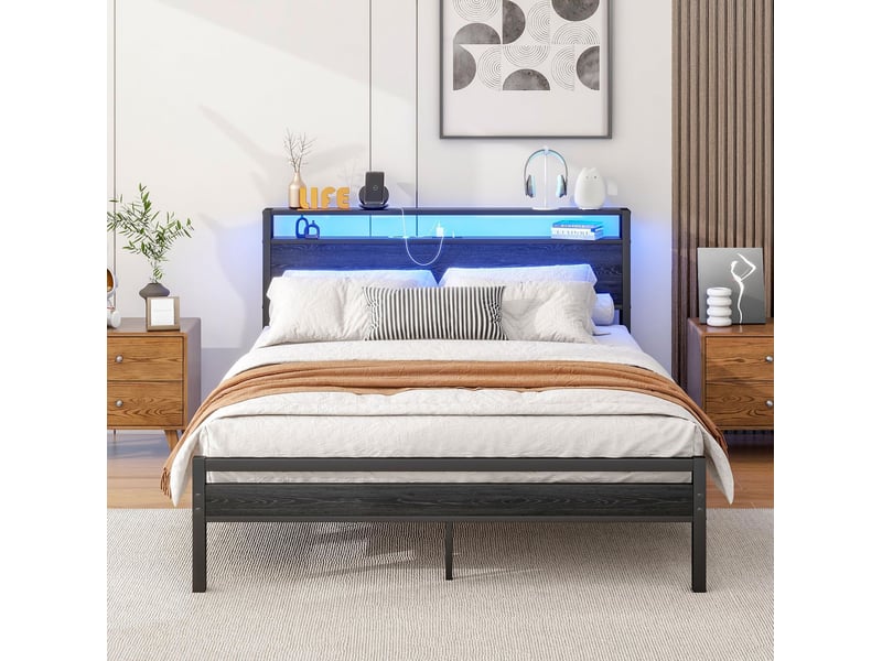  Lit 140 x 200 cm avec rangement, usb, prise et éclairage led noir  - Conforama D