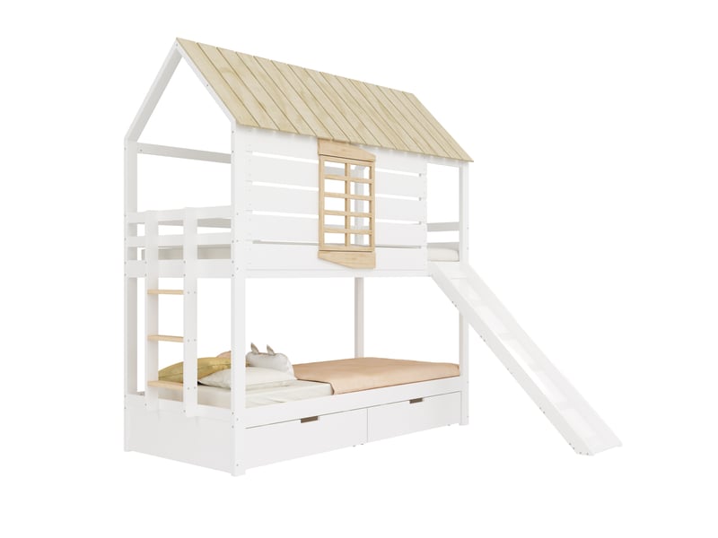  Lit superposé 90x200 cm avec toboggan et 2 tiroirs, en bois, blanc et naturel  - Conforama A