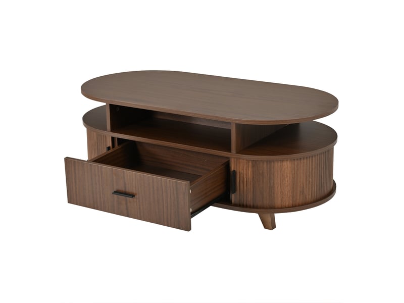 Table basse ovale avec tiroir et rangements, table salon, coloris noyer, 100x50x40 cm - Conforama R