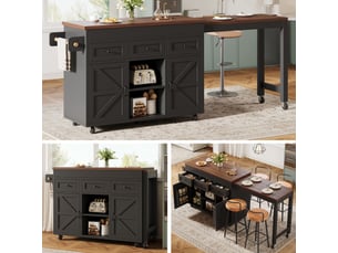 Îlot central avec rangement noir, table de bar extensible 131-210cm, mange-debout pivotant 360° pour cuisine