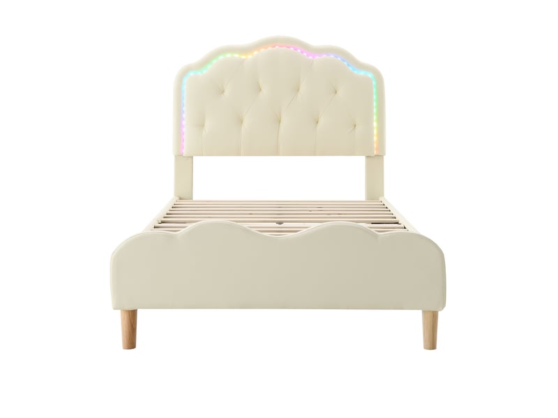  Lit enfant rembourré pu beige 90x200 cm, tête de lit ondulée avec led multicolore  - Conforama A
