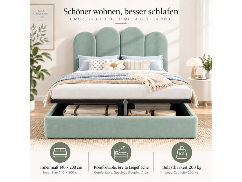  Lit coffre vert clair 140x200 cm en velours, tête arquée, base basse, support à lattes de contreplaqué, sans matelas  - Conforama E