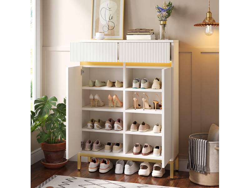 Meuble à chaussures 80 x 35 x 103 cm en mdf et panneaux de particules avec tiroirs et led blanc chicfurn - Conforama C