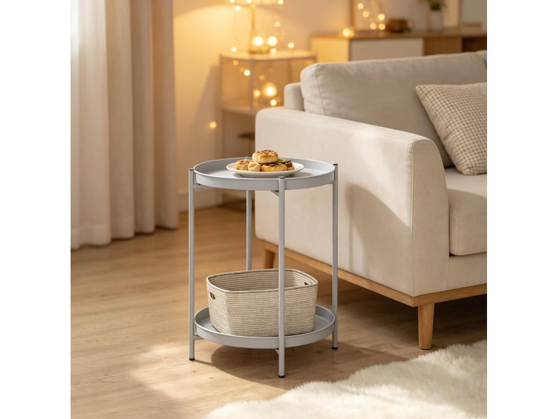  Table basse ronde avec 2 plateaux amovibles et patins réglables, en métal gris clair, pour salon, 44 × 44 × 53 cm  - Conforama C