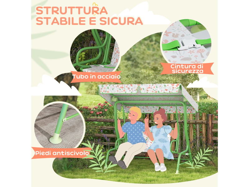 Balançoire d'extérieur 2 places pour enfants avec auvent réglable et ceintures de sécurité, 112 x 75 x 120 cm, verte - Conforama E