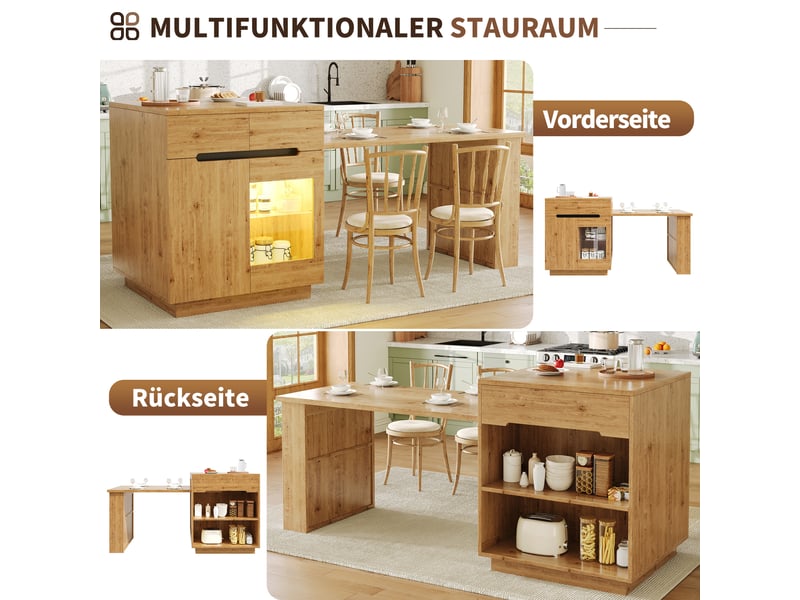  Îlot de cuisine avec table extensible éclairage led effet chêne l 122-195 cm  - Conforama E