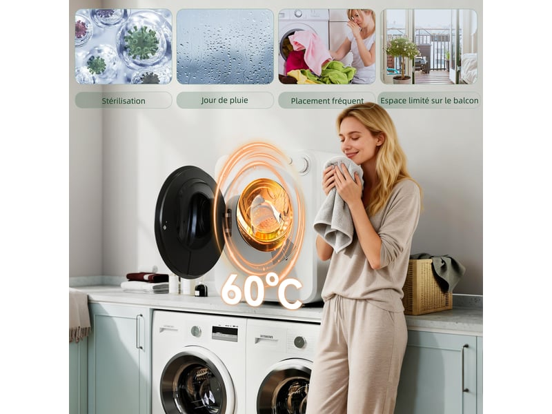 Sèche-linge à évacuation portable 2,5 kg, sèche-linge électrique 400800 w, 5 modes de séchage, blanc, 48 x 44 x 57 cm - Conforama E
