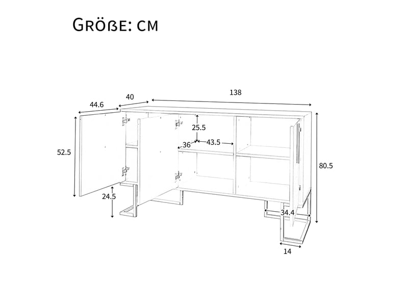  Buffet bas 3 portes noir avec étagères réglables, poignées et base en métal, 138 x 40 x 80,5 cm  - Conforama E