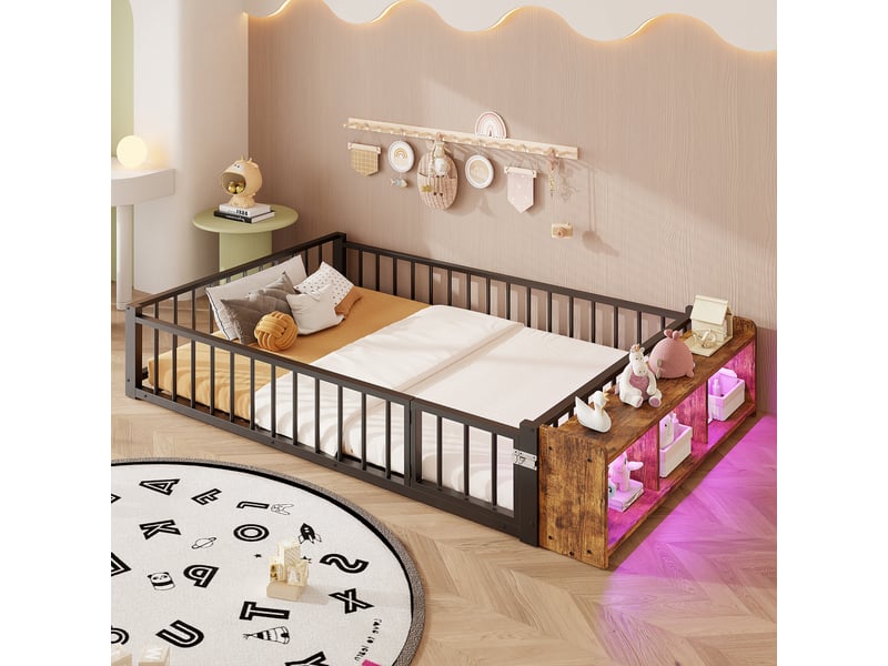  Lit plat en métal 140 x 200 cm, noir, sans matelas, led, rangement ouvert et garde-corps  - Conforama C