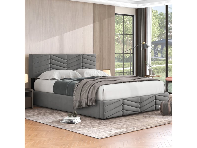  Lit double 140x200 cm velours gris - tête de lit rayée, réglable et coffre hydraulique  - Conforama B