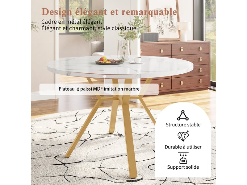 Table à manger ronde ø100 cm avec plateau effet marbre, table de repas moderne avec piètement en x en métal, design épuré, blanc et doré OPULERANE TRADING LTD - Conforama E