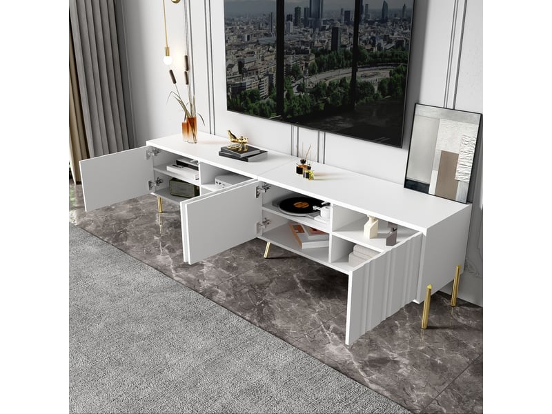  Meuble tv blanc 190 x 38 x 48 cm, pieds dorés, portes à rainures verticales, blanc  - Conforama D