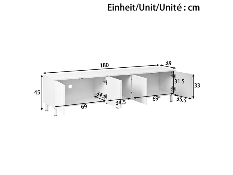  Meuble tv 180x38x45 cm - meuble bas avec 5 portes, espace de rangement, pieds en métal, structure en pb et mdf, design moderne  - Conforama C