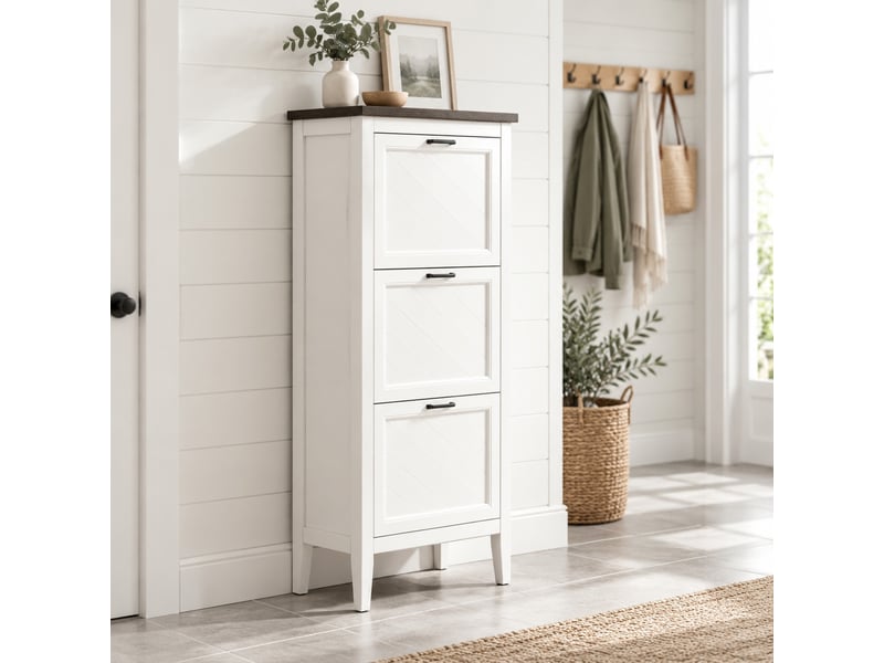  Meuble à chaussures étroit à 3 portes abattantes, 12 à 18 paires, blanc  - Conforama D