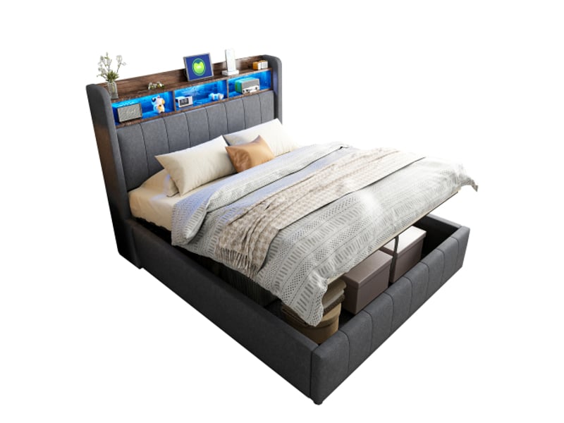 Lit rembourré 140 x 200 cm avec éclairage led et prise usb, tête de lit avec étagères et espace de rangement, mécanisme de levage hydraulique, lit double adulte, revêtement en lin gris - Conforama A